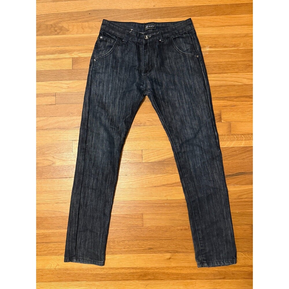 Vintage BMW Dark Denim Men's Jeans Leather Patch Metal Badges 5 Pockets Size 30